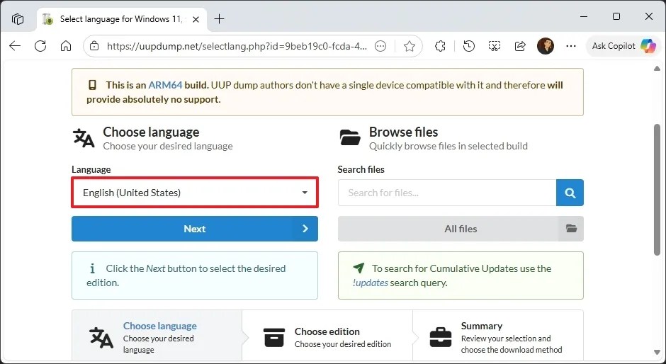 UUP Dump Windows 11 ISO language