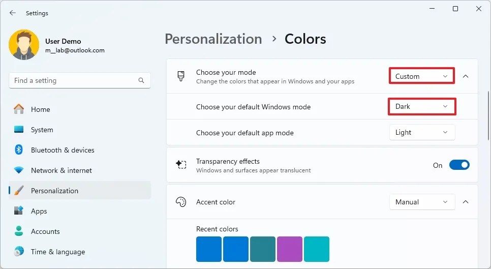 Opção escura personalizada do Windows 11