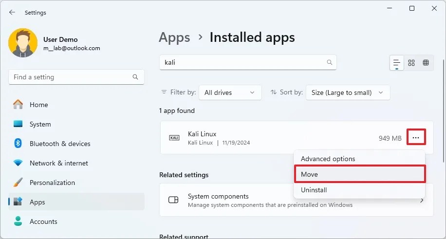 Windows 11 Settings move option for apps