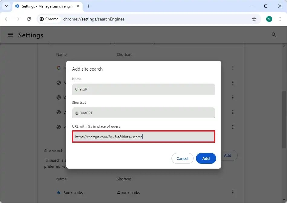 Add ChatGPT site search shortcut