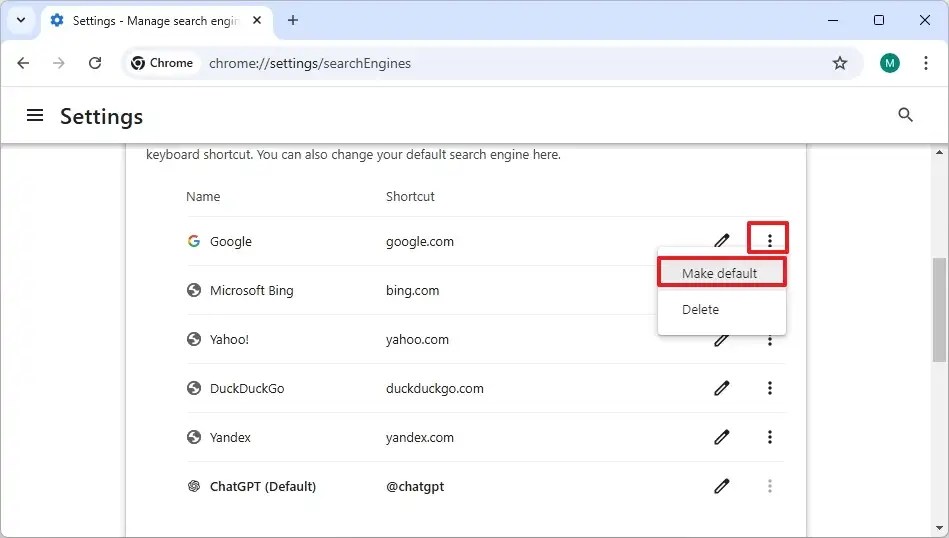 Chromium restore default search engine
