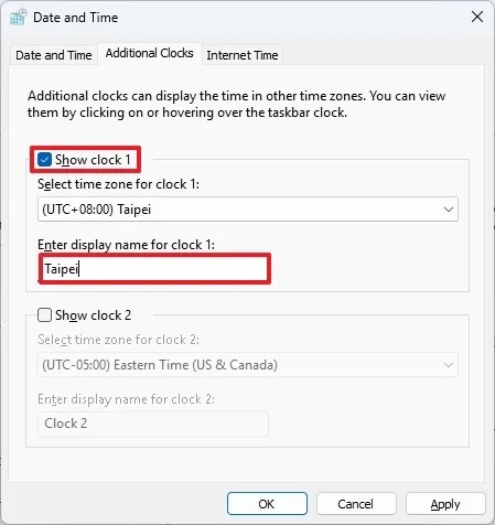 Control Panel show secondary clock