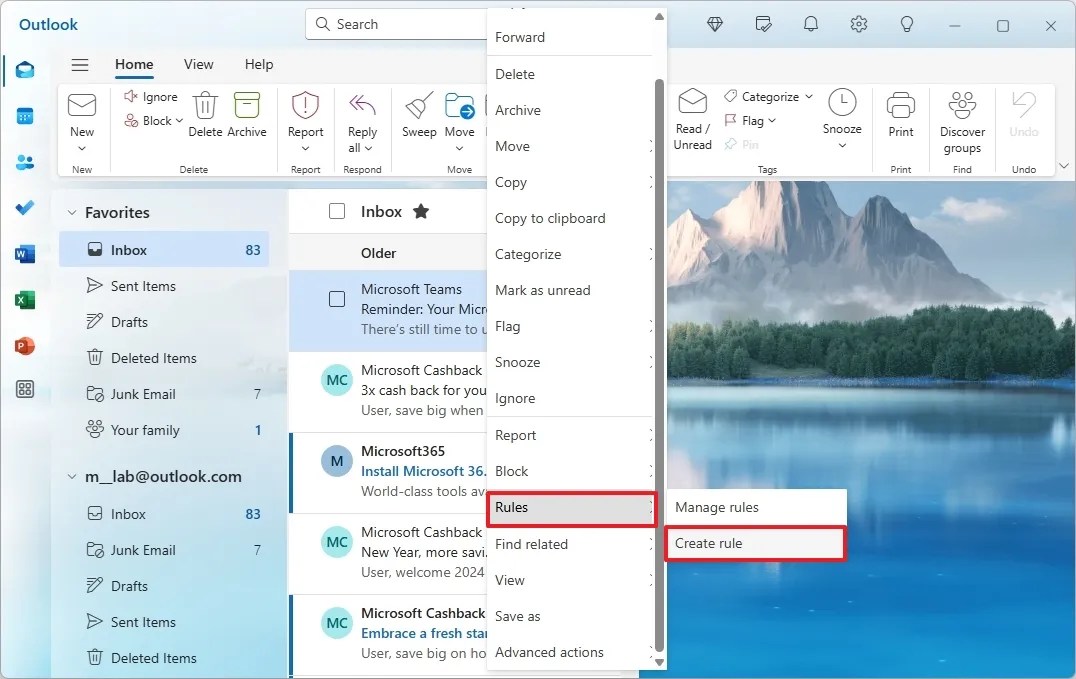 Outlook create rule from email