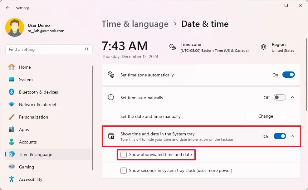 Enable full time and date format in Taskbar