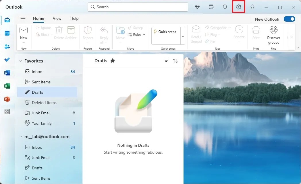 Outlook app open Settings
