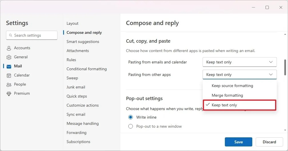 Outlook Cut, copy, and paste format options