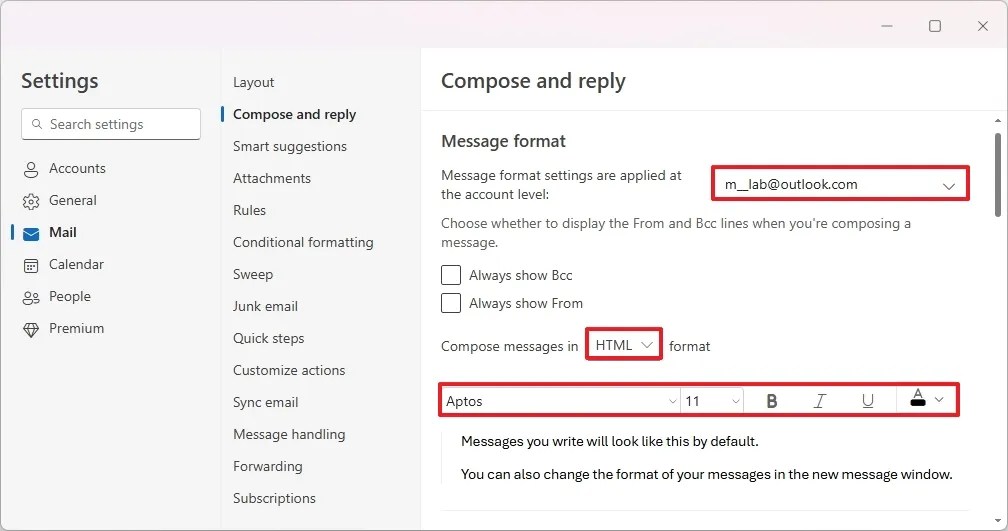 Outlook message format
