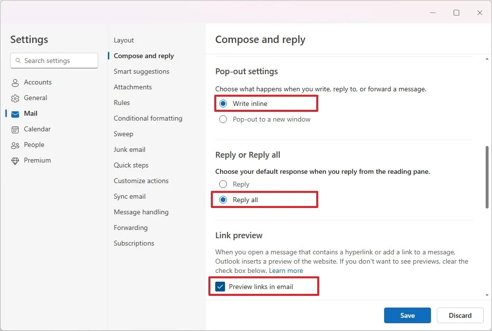 Outlook reply settings