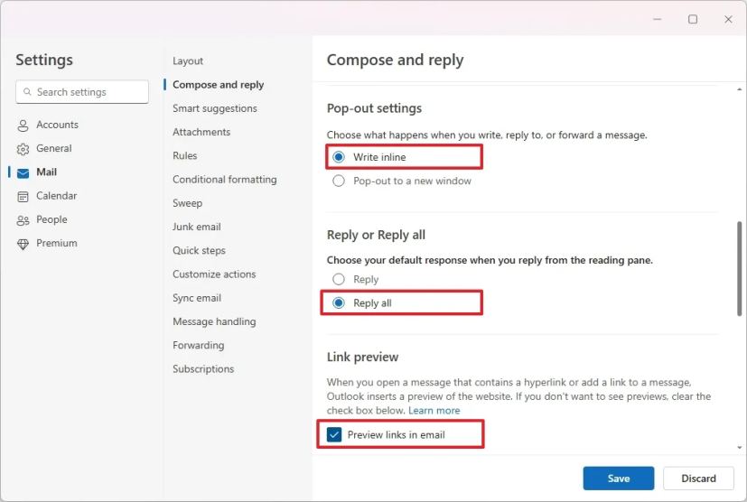 Outlook reply settings