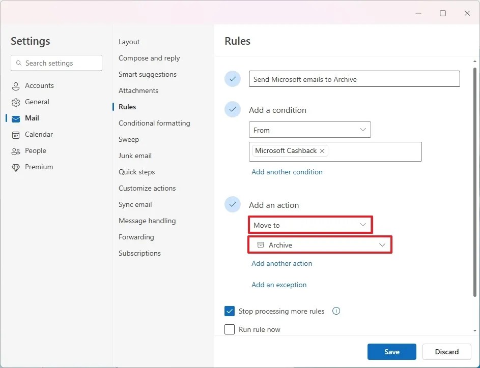 Outlook rule action configuration