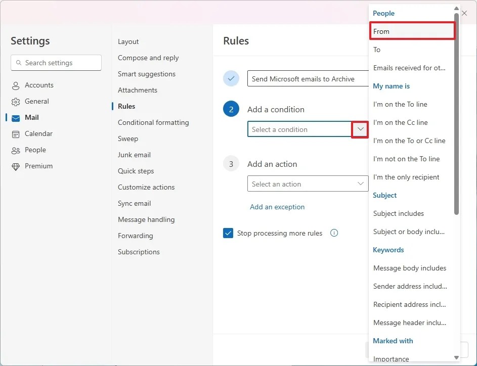 Outlook rule select condition