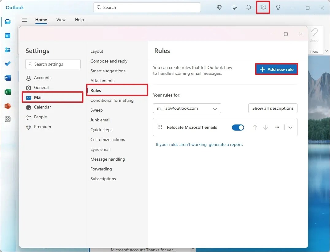 Outlook settings create new rule