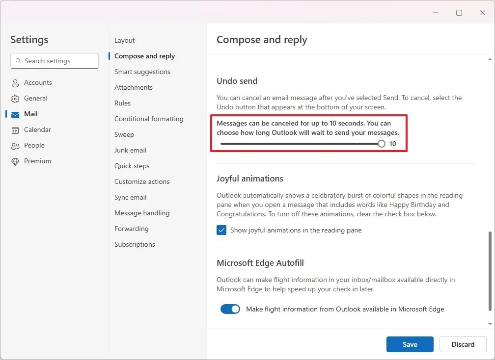 Outlook undo send setting