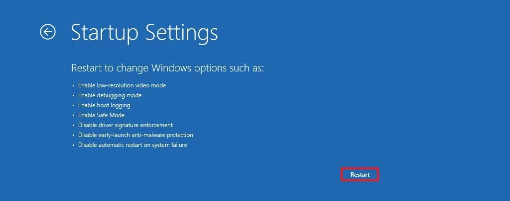 Startup options from WinRE