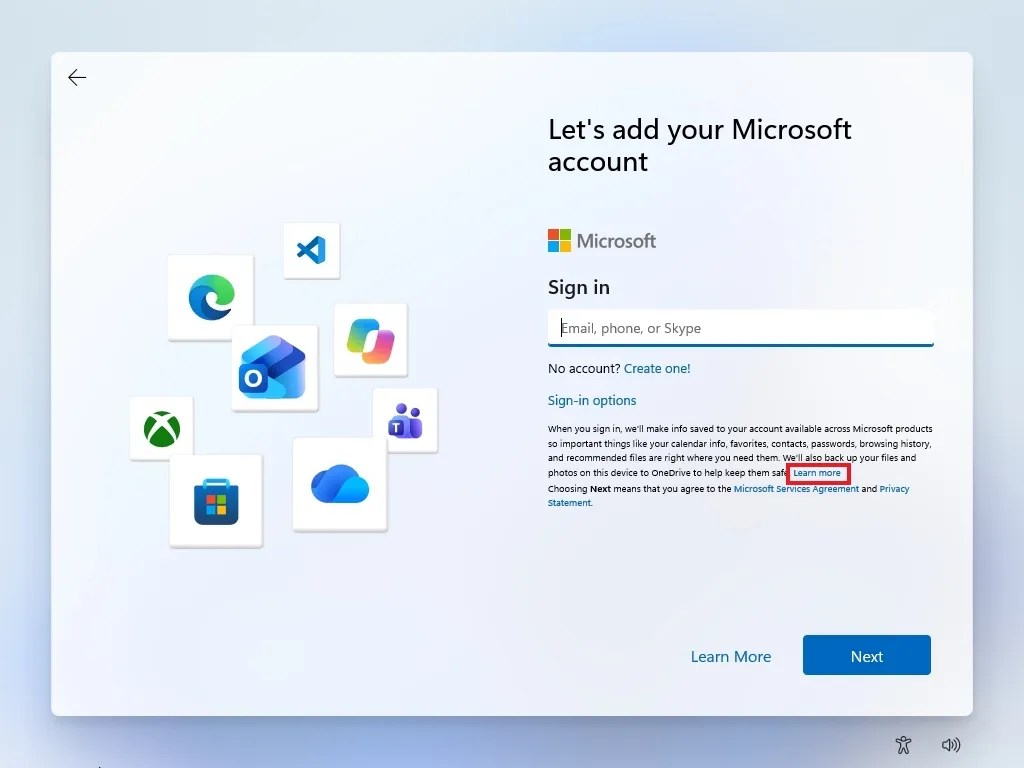 OOBE Learn more option bypass MSA 