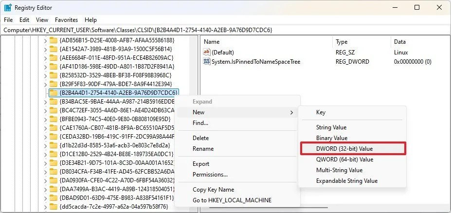 Create System.IsPinnedToNameSpaceTree DWORD