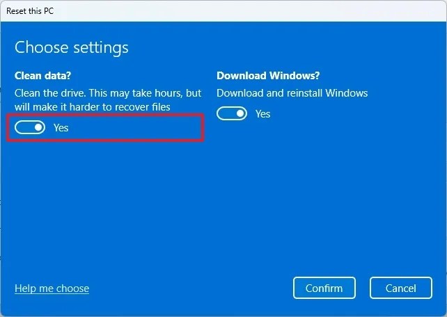 Reset this PC clean data option