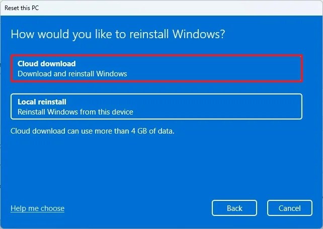 Reset this PC Cloud download