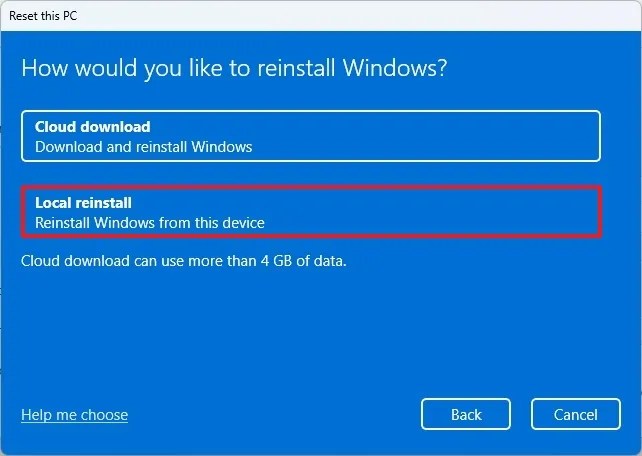 Reset this PC Local reinstall