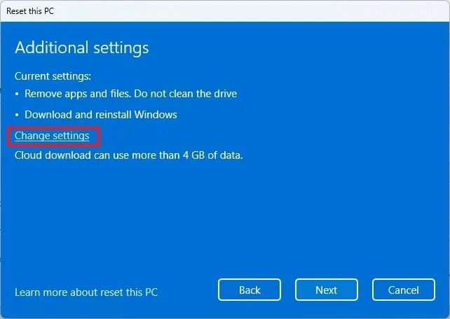 Reset this PC change settings