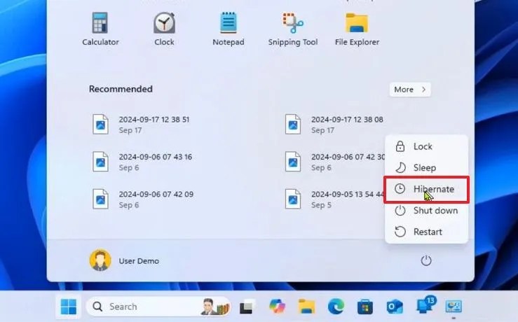 Windows 11 Hibernate option