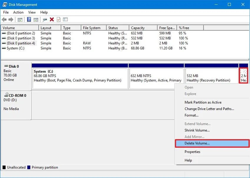 Windows 10 delete 2MB RAW partition
