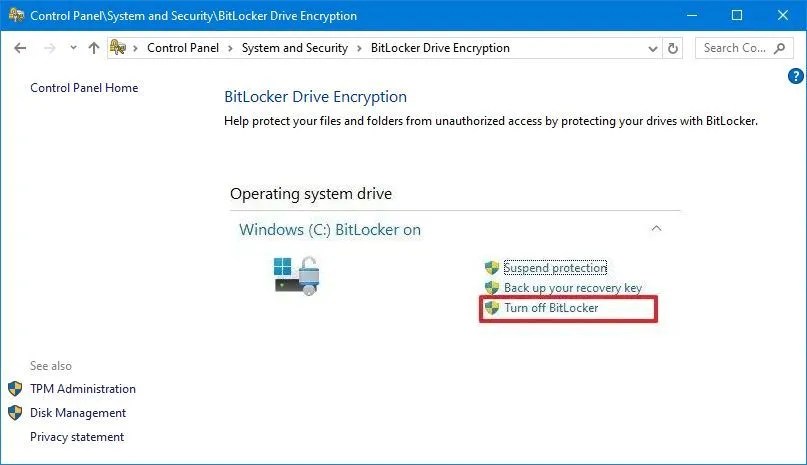 Windows 10 disable BitLocker