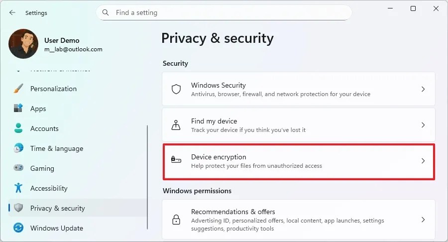 Open Device encryption settings