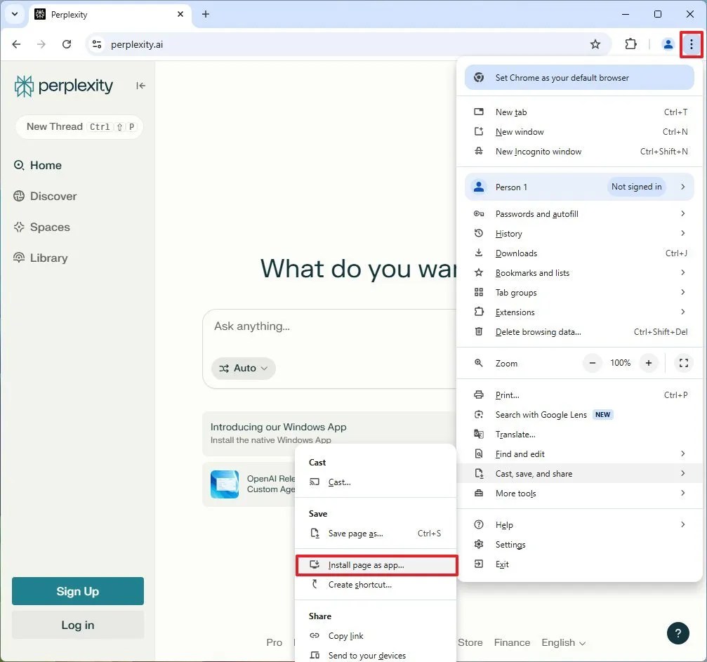Chrome install Perplexity app