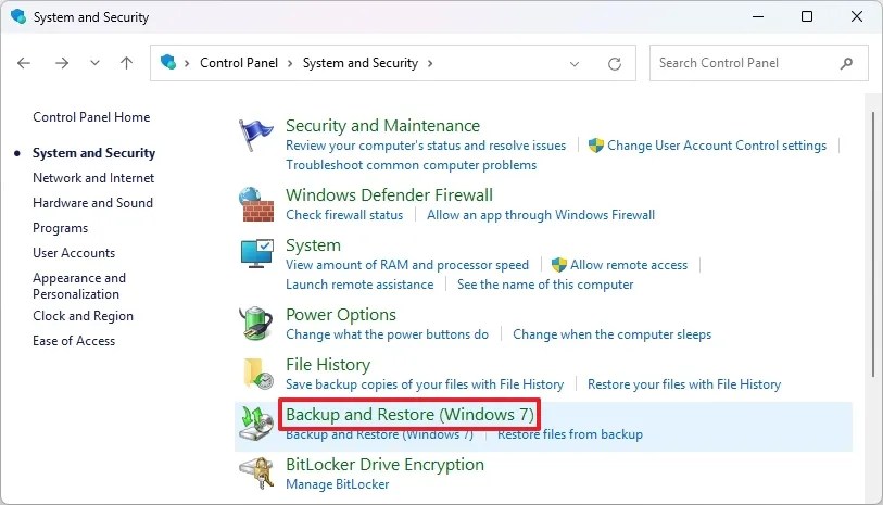 Control Panel Backup and Restore option