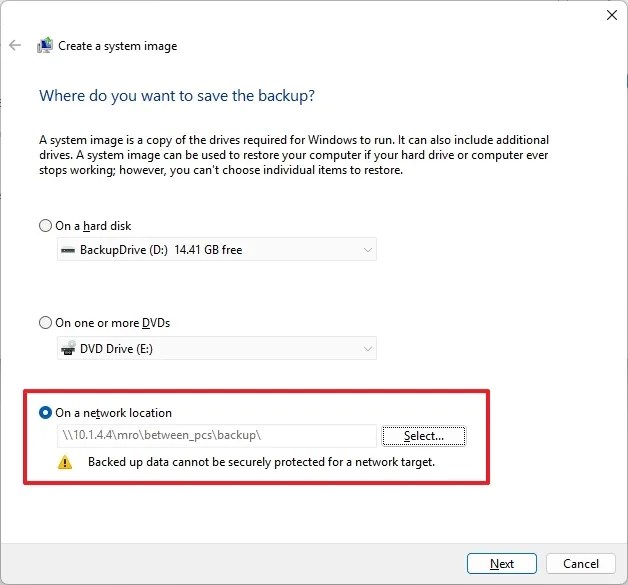 Windows 11 Create system image on a network location