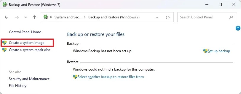 Windows 11 Create a system image option