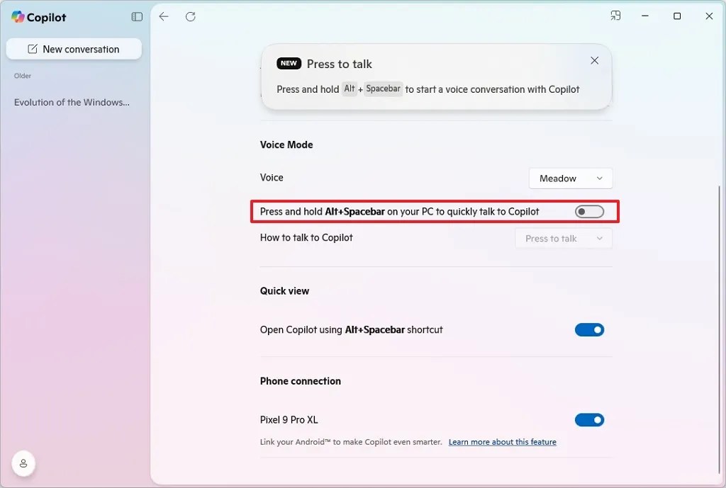 Copilot disable voice shortcut