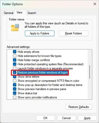 File Explorer enable restore previous folders and tabs
