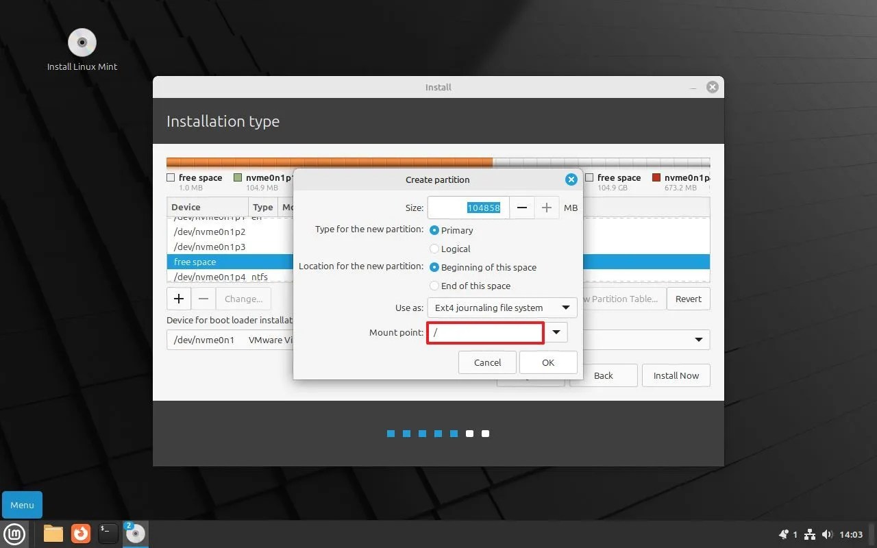 Linux Mint create partition for dual-boot