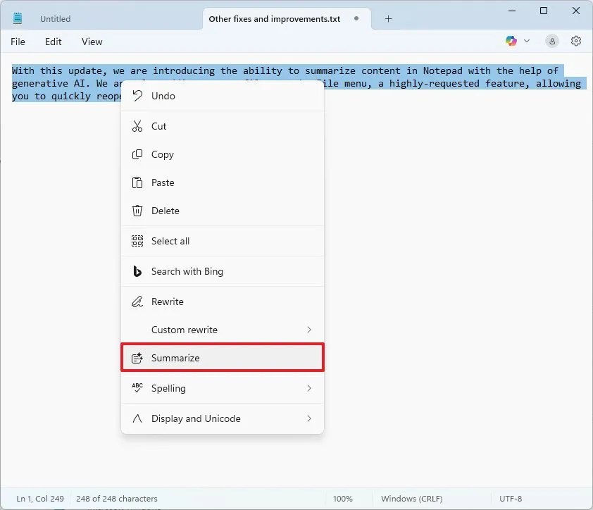 Notepad Summarize option