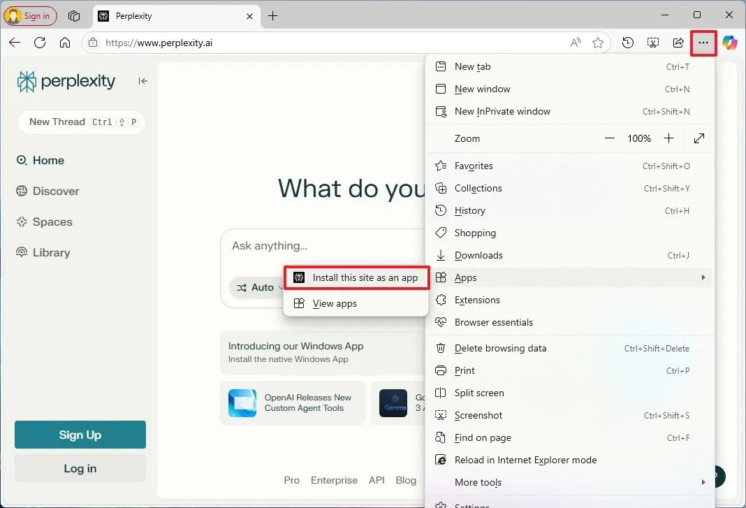 Perplexity app install on Edge