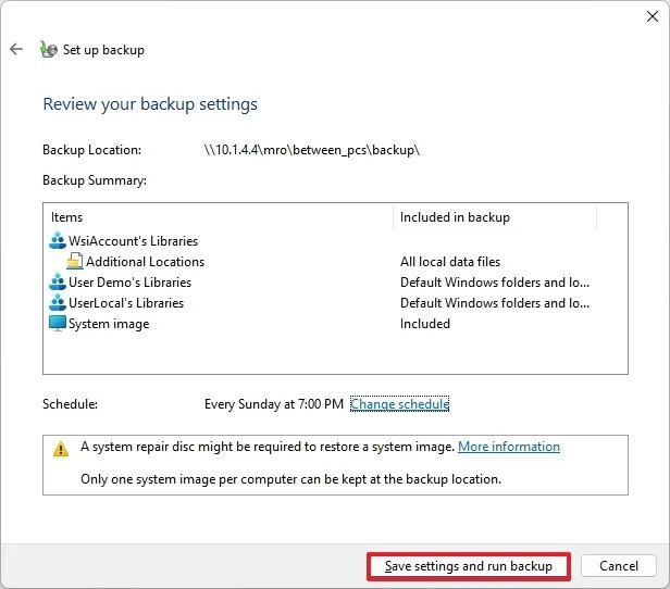 Save settings and run backup