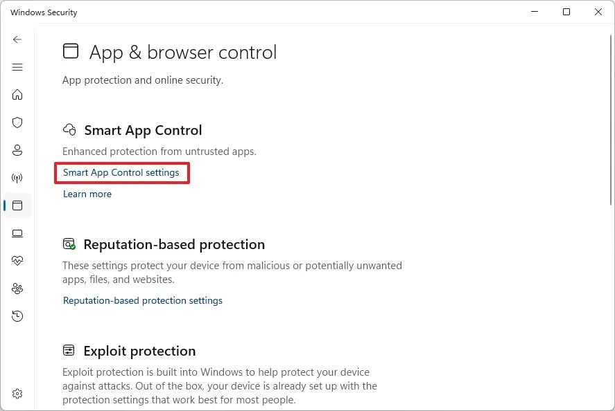 Smart App Control settings 