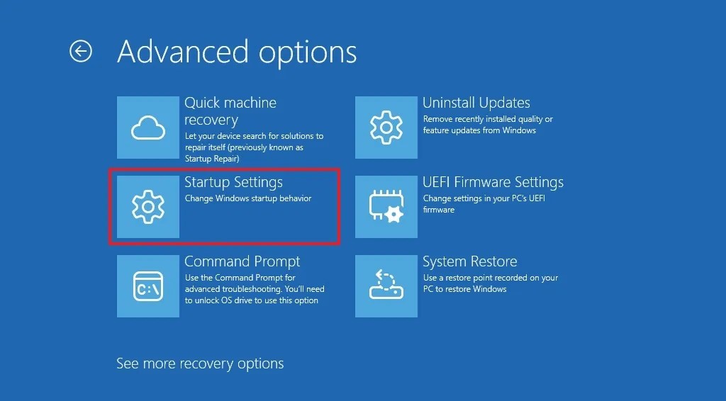 Startup settings option