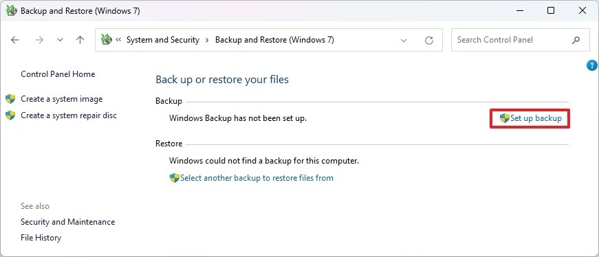 Set up backup option