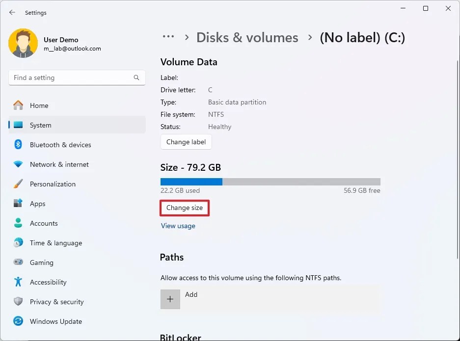 Change C partition size