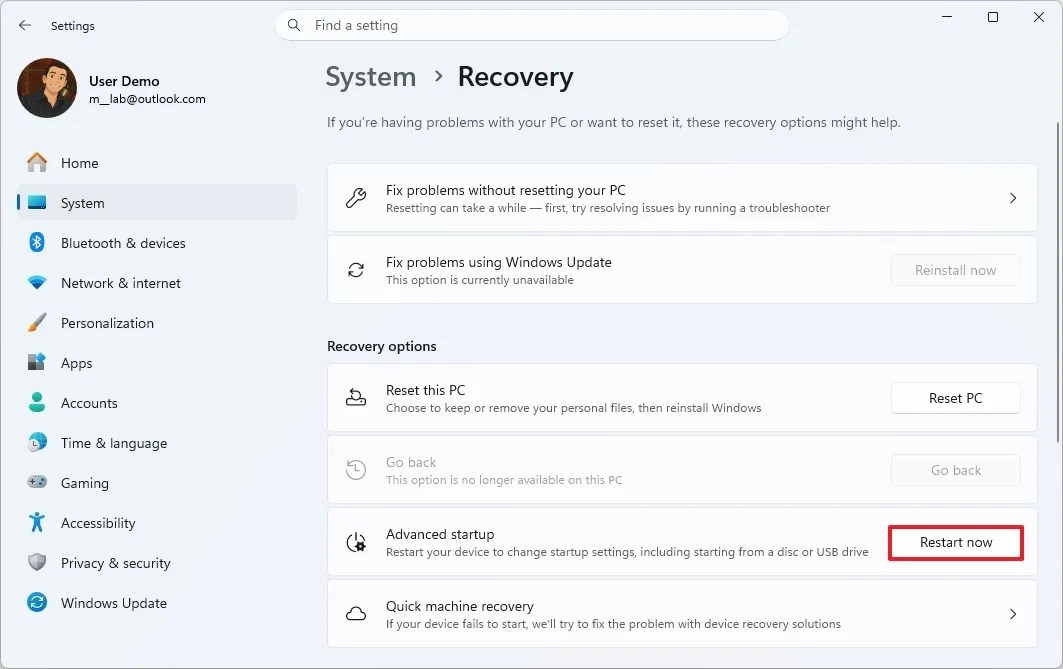 Advanced Startup restart option