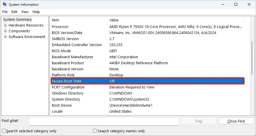 System Information Secure Boot info
