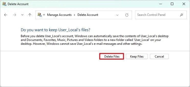 Control Panel delete account files