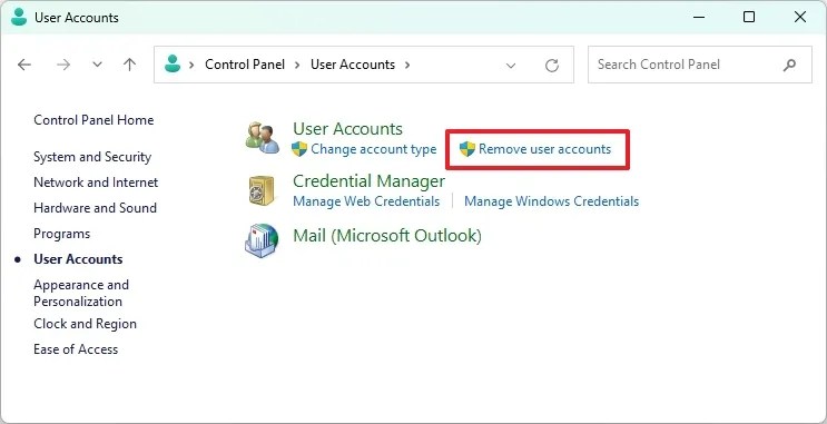 Control Panel Remove user accounts