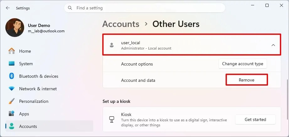 Settings app delete user account