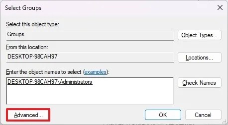 Select Groups Advanced option