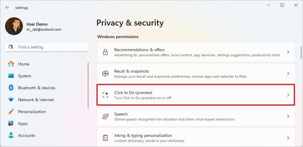 Windows 11 open Click to Do settings