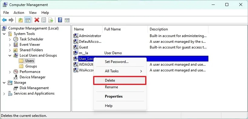 Computer Management delete user